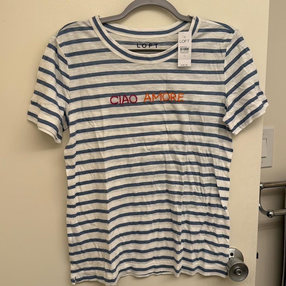 LOFT “ciao amore” blue striped t-shirt Small NWT